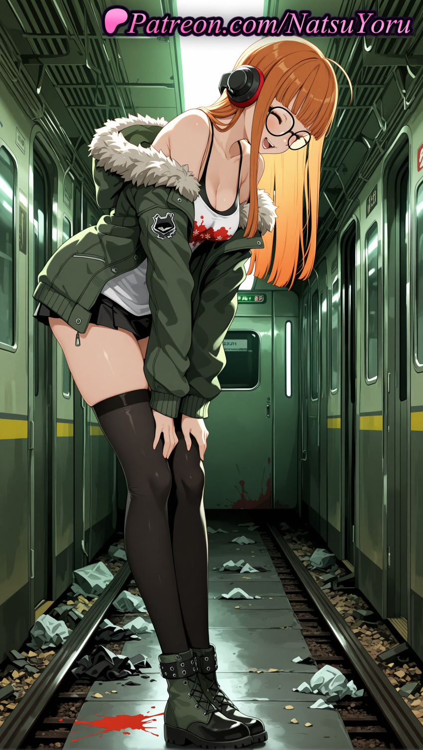 1girl 1girls 2025 ^_^ ahoge ai ai_assisted ai_generated anime anime_style atlus bangs bare_shoulders behind-the-head_headphones big_breasts black-framed_eyewear black_camisole black_footwear black_shorts black_skirt black_thighhighs blood blood_on_ground blood_splatter blunt_bangs blush boots breasts bust camisole cleavage closed_eyes clothing collarbone cross-laced_footwear female_focus female_only full_body fur-trimmed_hood fur-trimmed_jacket fur_trim glasses green_coat green_footwear green_jacket hands_on_own_knees hands_on_own_thighs headphones hentai high_quality high_res high_res high_resolution hood hood_down hooded_jacket jacket lace-up_boots leaning_forward legwear long_hair long_sleeves looking_at_viewer medium_breasts megami_tensei megane miniskirt natsuyoru off_shoulder one_eye_closed open_clothes open_jacket open_mouth orange_hair patreon persona persona_5 persona_5_royal pleated_skirt sakura_futaba shirt short_shorts shorts skindentation skirt smile solo_female stable_diffusion standing stockings straight_hair tank_top teeth thighs train_interior upper_body v_arms voluptuous voluptuous_female white_shirt zettai_ryouiki